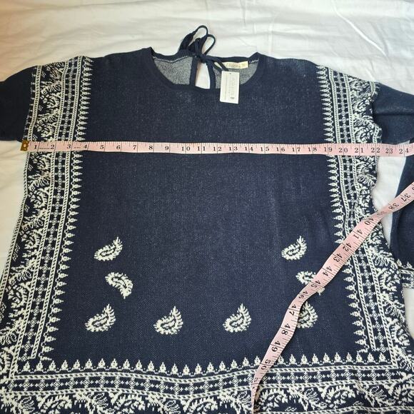 NWT Jacqueline B Cotton Sweater L Navy Blue Paisley Printed Tie Neck Long Sleeve - Picture 3 of 7
